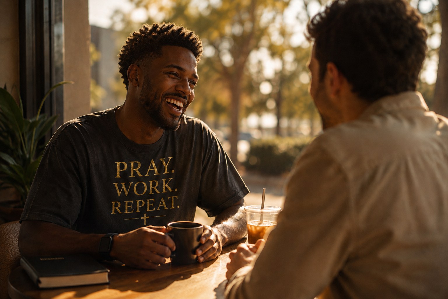 Two believers in conversation at a coffee shop, one wearing a faith-based graphic tee