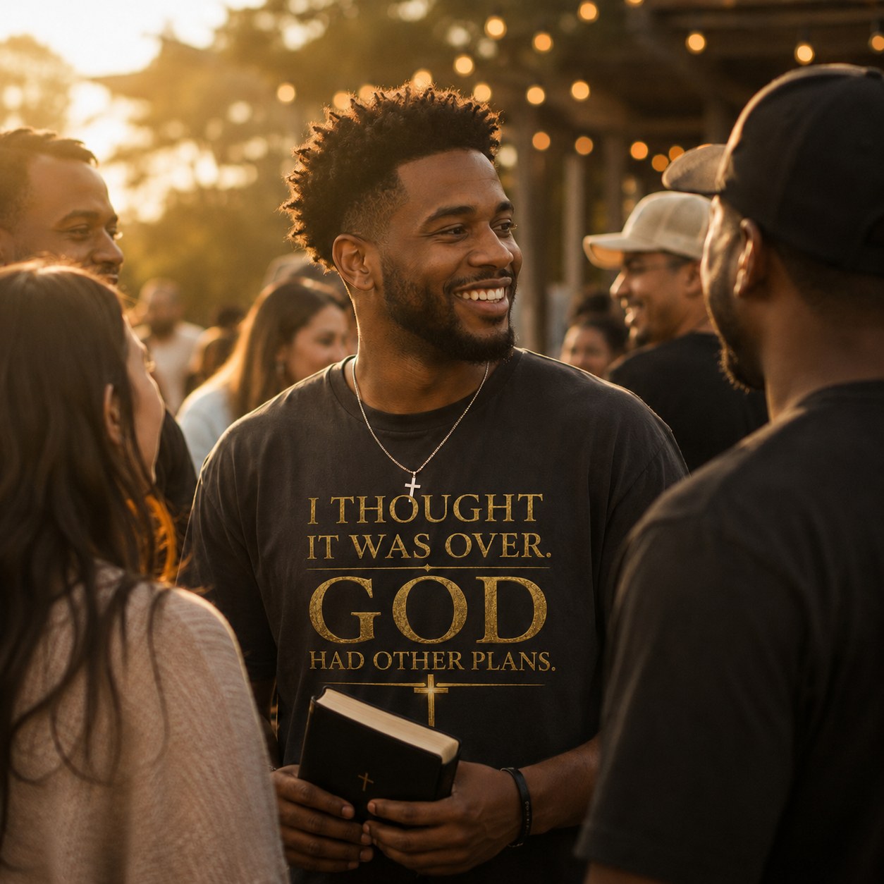 A believer wearing the I Thought It Was Over, God Had Other Plans shirt at a faith gathering