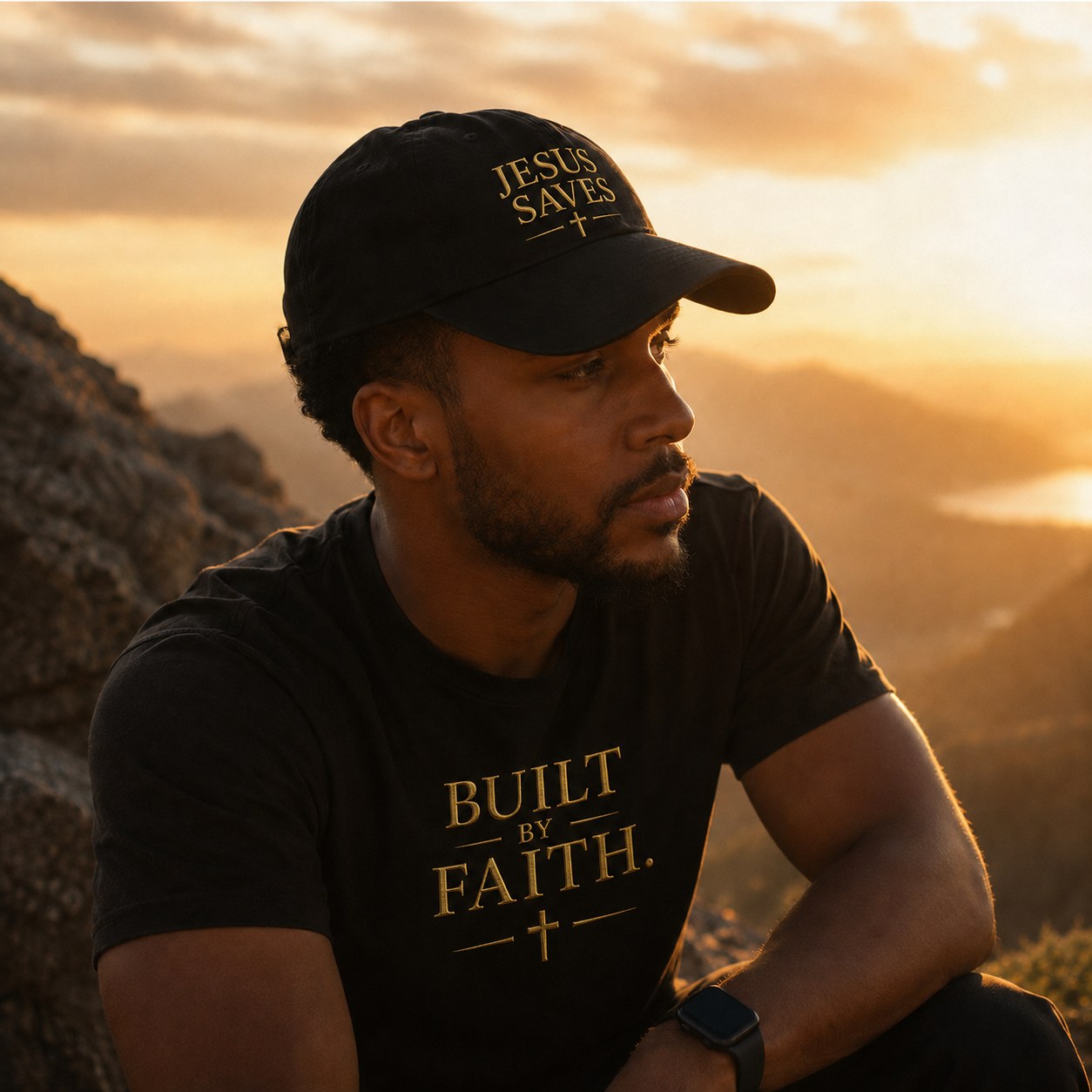 A believer wearing the Jesus Saves hat and Built by Faith shirt outdoors at golden hour
