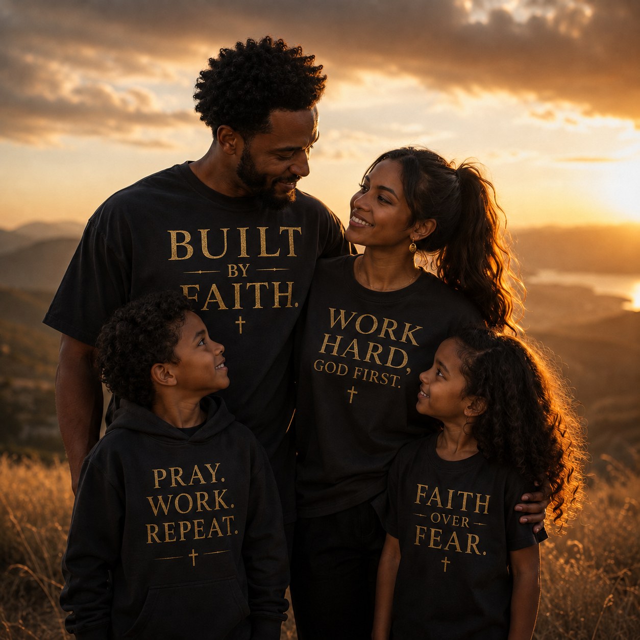A family wearing Built by Faith, Work Hard God First, Pray Work Repeat, and Faith Over Fear apparel