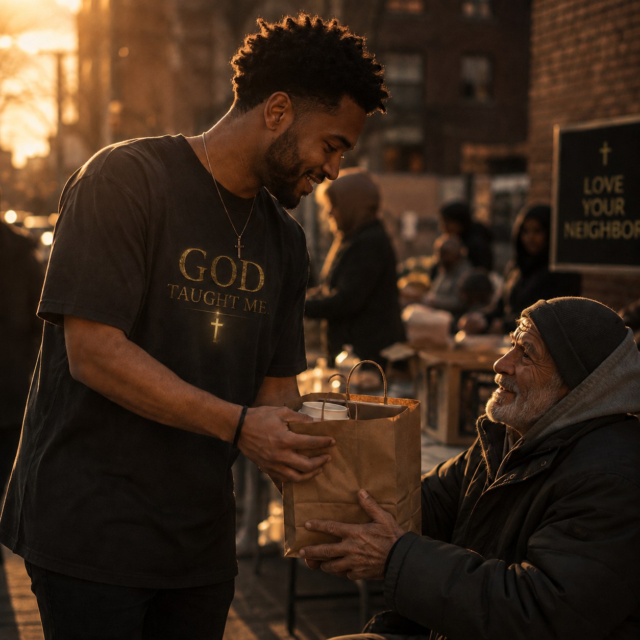 A volunteer wearing the God Taught Me shirt serving a neighbor in the community
