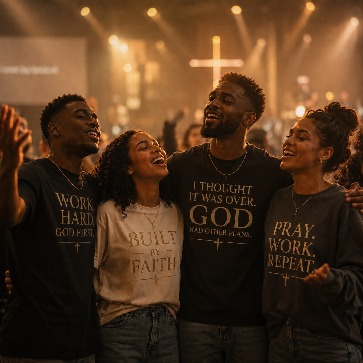 Friends worshiping in Work Hard God First, Built by Faith, I Thought It Was Over, and Pray Work Repeat apparel