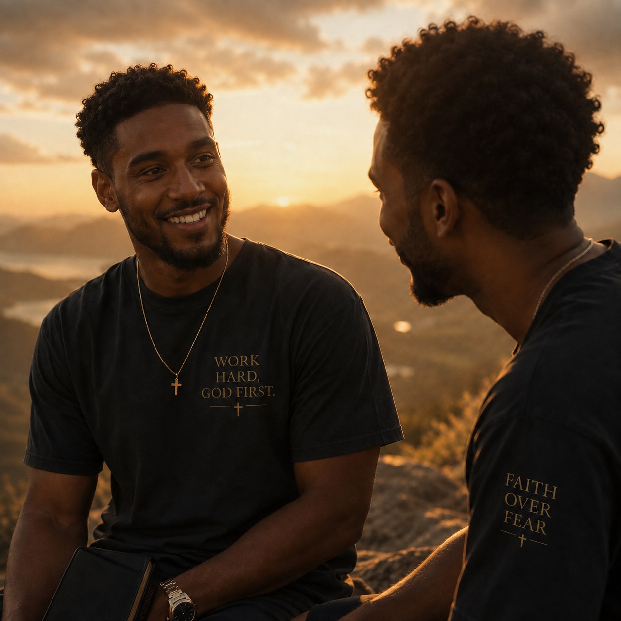 Two friends wearing Work Hard, God First and Faith Over Fear shirts sharing a conversation