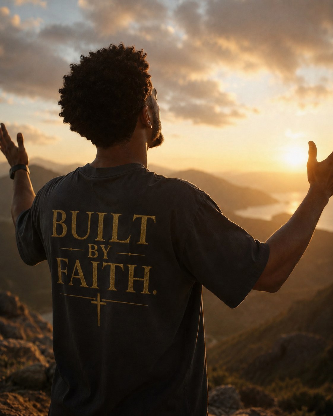 A believer wearing the Built by Faith shirt with hands raised at golden hour